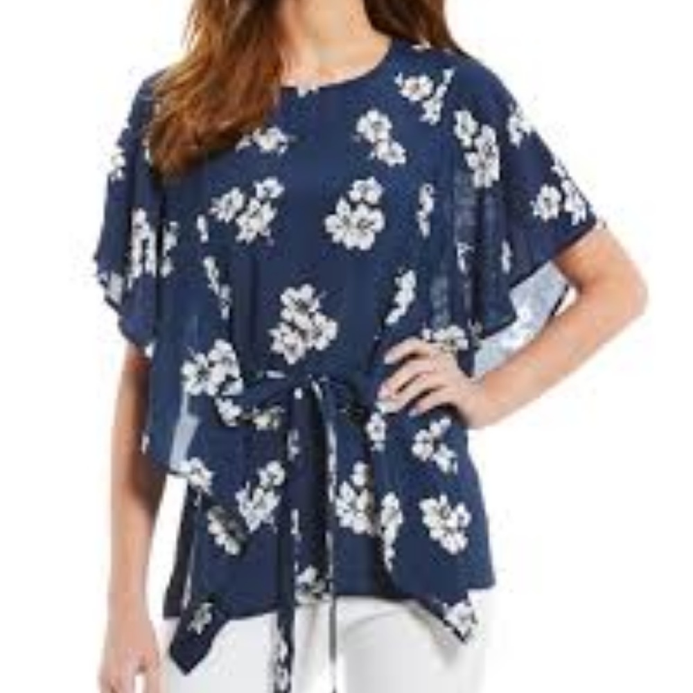 Chelsea & Theodore Navy Flutter Sleeve Blouse